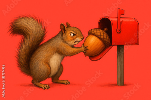 An irritated squirrel hides an acorn in a mailbox.