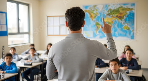 Male Teacher Educating Students About Geography with Large World Map on Wall.

