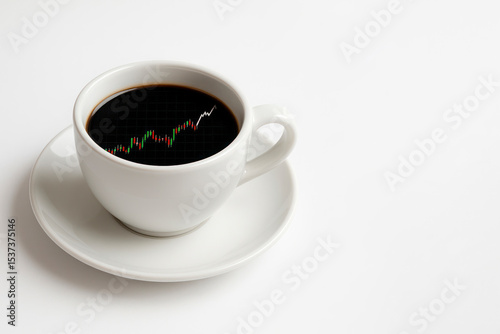 Coffee with a stock chart on the surface. Space for text.