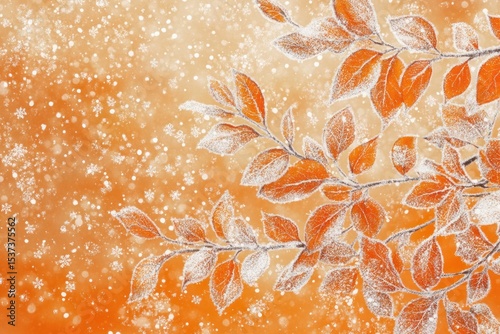 Frosted orange leaves on branches with falling snowflakes against orange background art