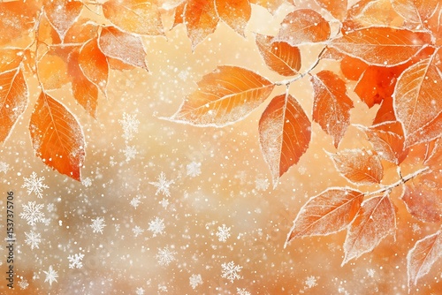 Orange leaves and snowflakes creating a winter scene with a warm and festive atmosphere