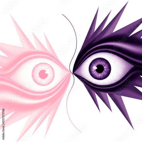 Two eyes staring at each other, pink and purple.