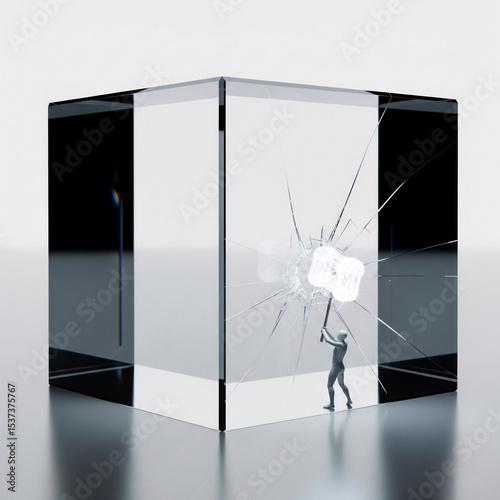 A man with a hammer hits a glass cube.
