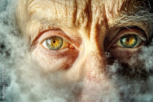 Lonely senior. Metaphorical macular degeneration emotions of a growing old. Macular degeneration - complication in old age: abstract image of physical state. Senior life. Old man problems. photo