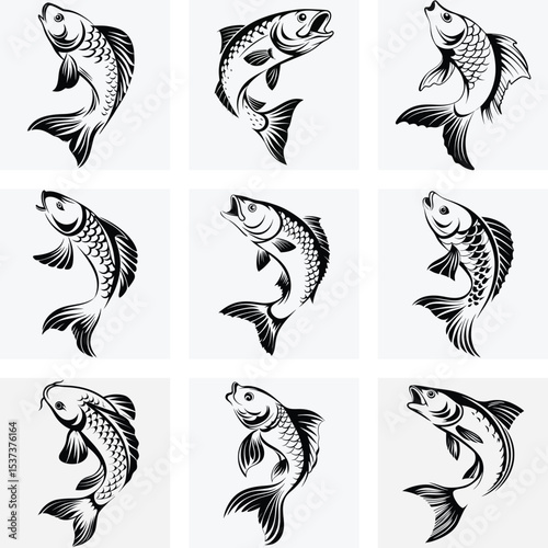 Black and White Koi Fish Tattoo Set, Japanese Carp Ink Art, Traditional Oriental Fish Design, Hand Drawn Tribal Koi Illustrations, Vector Graphic Collection
