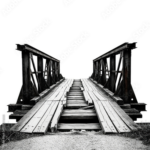 A ruined wooden bridge leading into the void.