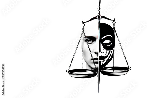Mask and face on the scales of justice. Space for text.
