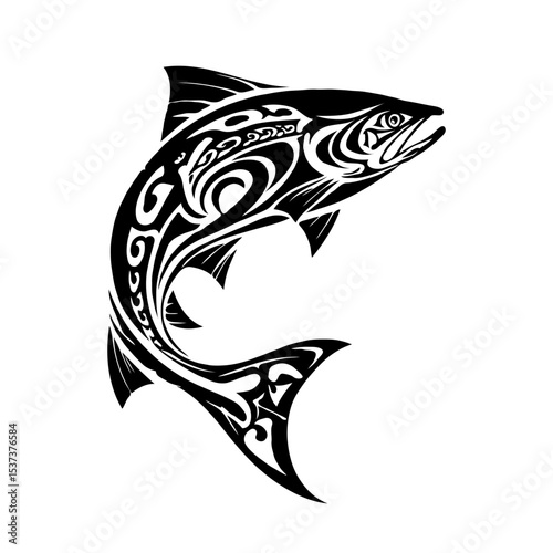 Black tribal style illustration of a salmon fish with flowing patterns, on white background, representing animal symbolism and cultural art