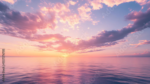 Panoramic view of an endless ocean under a pastelcolored sunrise, soft clouds glowing in pink and gold, ultraHD