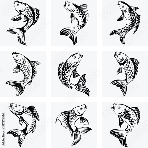 Black and White Koi Fish Tattoo Set, Japanese Carp Ink Art, Traditional Oriental Fish Design, Hand Drawn Tribal Koi Illustrations, Vector Graphic Collection
