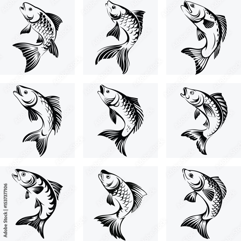 Obraz premium Black and White Koi Fish Tattoo Set, Japanese Carp Ink Art, Traditional Oriental Fish Design, Hand Drawn Tribal Koi Illustrations, Vector Graphic Collection 