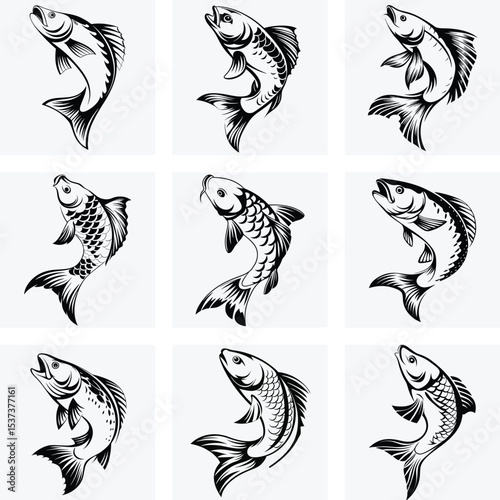 Black and White Koi Fish Tattoo Set, Japanese Carp Ink Art, Traditional Oriental Fish Design, Hand Drawn Tribal Koi Illustrations, Vector Graphic Collection
