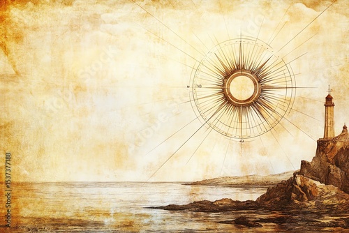 Vintage Nautical Scene: Lighthouse, Compass, and Ocean