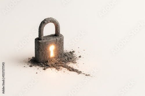 A crumbling lock with a shining keyhole. Space for text.