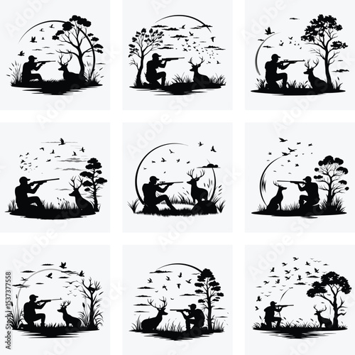 Set of Black Silhouettes of Hunters in Nature with Wildlife Animals and Birds in Forest and Field Scenes