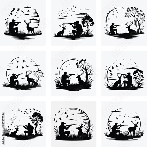 Set of Black Silhouettes of Hunters in Nature with Wildlife Animals and Birds in Forest and Field Scenes