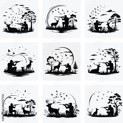 Set of Black Silhouettes of Hunters in Nature with Wildlife Animals and Birds in Forest and Field Scenes