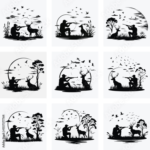 Set of Black Silhouettes of Hunters in Nature with Wildlife Animals and Birds in Forest and Field Scenes
