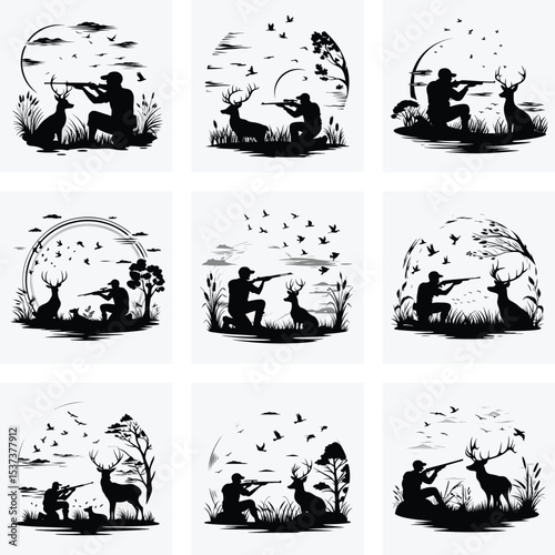 Set of Black Silhouettes of Hunters in Nature with Wildlife Animals and Birds in Forest and Field Scenes