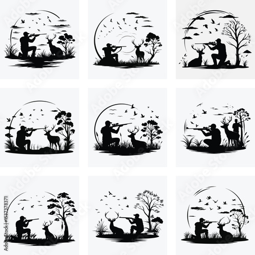 Set of Black Silhouettes of Hunters in Nature with Wildlife Animals and Birds in Forest and Field Scenes