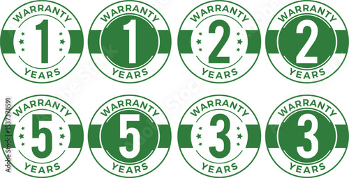 1 2 3 5 year warranty logo with golden shield and golden ribbon.Vector illustration.