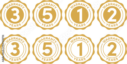 1 2 3 5 year warranty logo with golden shield and golden ribbon.Vector illustration.