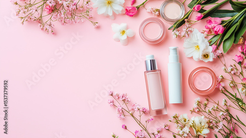 Flowers and a set of luxury cosmetic products rest on a pink background, with minimal design and room for text placement.

