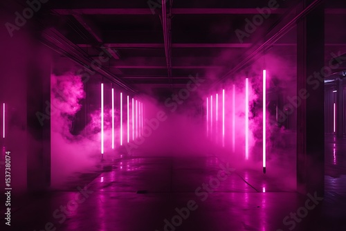 A corridor illuminated by pink neon lights and smoke, creating a mysterious and atmospheric scene