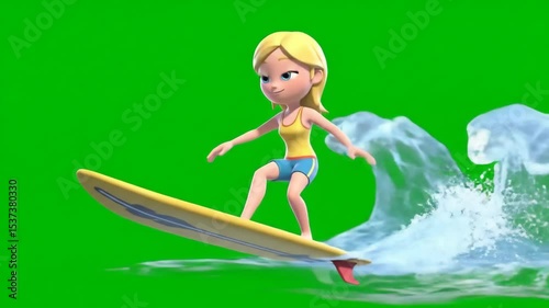 Animated character surfing a wave on green screen background cartoon style