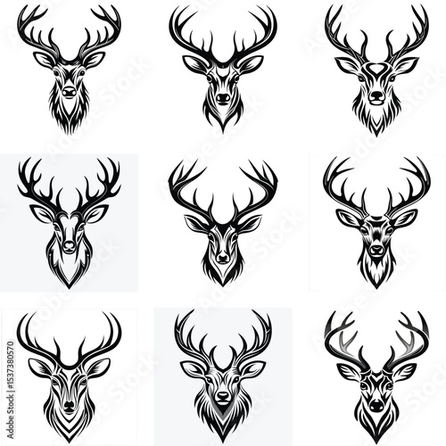 Set of Black and White Deer Head Vector Illustrations with Antlers in Tribal Tattoo Style
