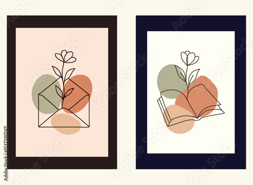 Envelope Book Flower Line Art Set Minimal Botanical Poster with Soft Abstract Blobs