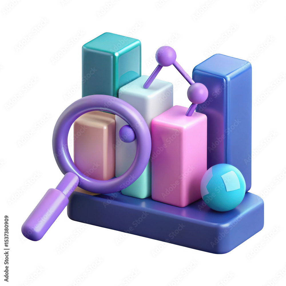 3d render of abstract data analysis chart with magnifying glass isolated on transparent background 3d render of abstract data analysis chart with magnifying glass isolated on transparent background