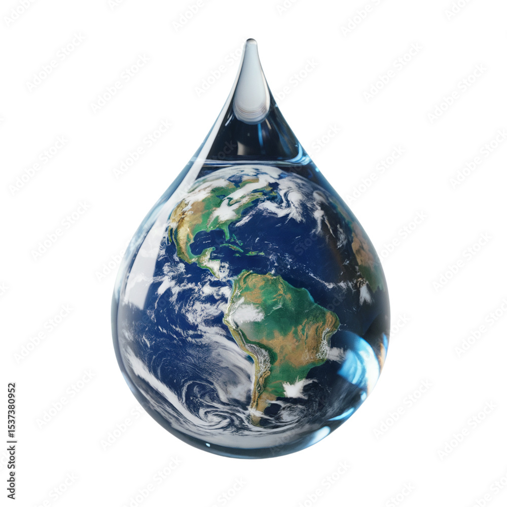 Fototapeta premium Earth inside water drop globe isolated on transparent background
