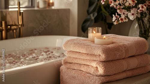 Luxurious Spa Setting with Pink Towels, Bath Salts, and Candlelit Bathtub