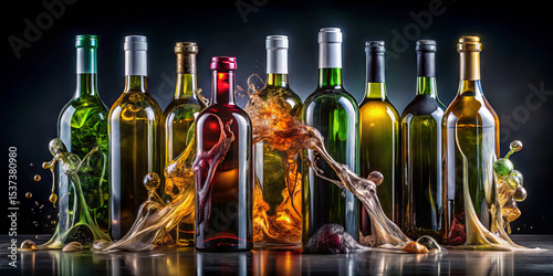 Various wine bottles in green, amber, and clear glass are lined up artistically against a dark backdrop, with colorful liquid splashes adding dynamic movement and energy
