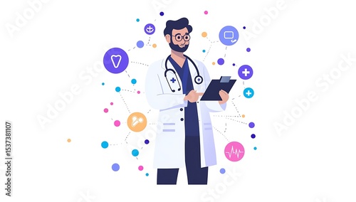 A doctor in a white coat holding a clipboard surrounded by medical themed icons on white