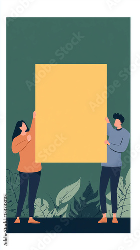 illustration of two cartoon people standing left and right, leaning against each other and holding a large blank yellow rectangle in front of them. The background is green with dark blue accents, in a