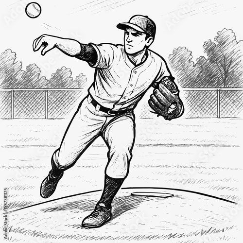 Baseball pitcher throwing ball on mound in sketch style
