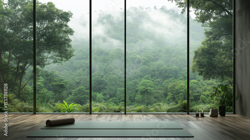 Glass-Walled Room for Yoga Practice in a Misty Jungle Environment