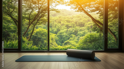 Modern Meditation Room Overlooking Lush Green Forest Through Glass Walls