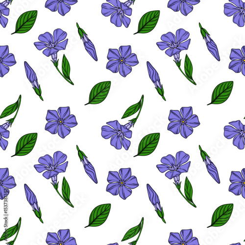 Seamless vector pattern of delicate periwinkle flowers and leaves, showcasing a charming botanical illustration with vibrant purple blossoms and lush green foliage, ideal for textile prints and sur...