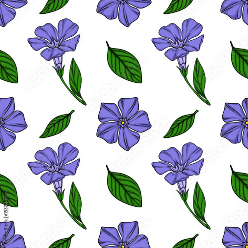 Seamless vector pattern of delicate periwinkle flowers and leaves, featuring a vibrant purple hue and lush green foliage, ideal for textile design or spring-themed projects.