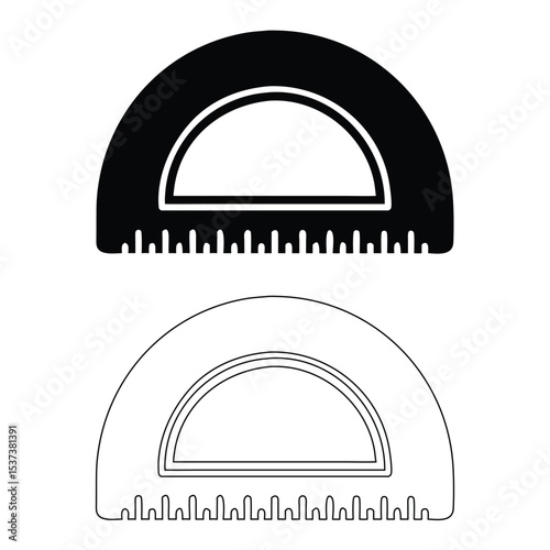 Black and white design of two different semicircle protractors showing measurement scales