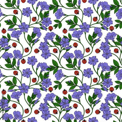 Seamless vector pattern of delicate periwinkle flowers and ladybugs, a charming floral design with vibrant purple blossoms and red insects on a white background, perfect for textile prints or sprin...