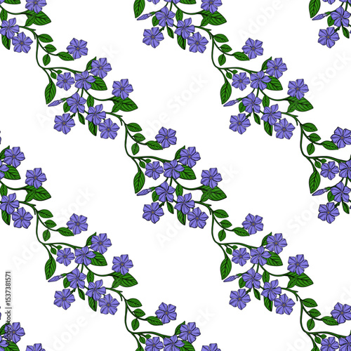 Seamless vector pattern of delicate periwinkle flowers and green leaves, arranged in a diagonal repeating design, ideal for textile prints or spring-themed backgrounds.