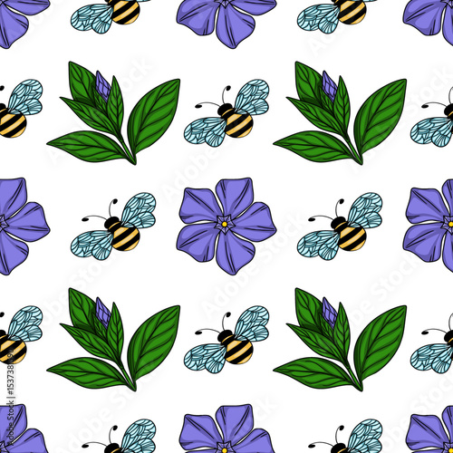 Seamless vector pattern featuring hand-drawn illustrations of vibrant purple periwinkle flowers, lush green leaves, and busy honeybees in a cheerful, repeating design.