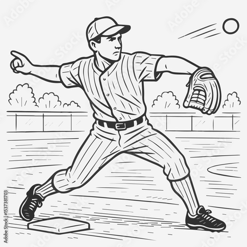 Baseball player preparing to catch ball near base in sketch style