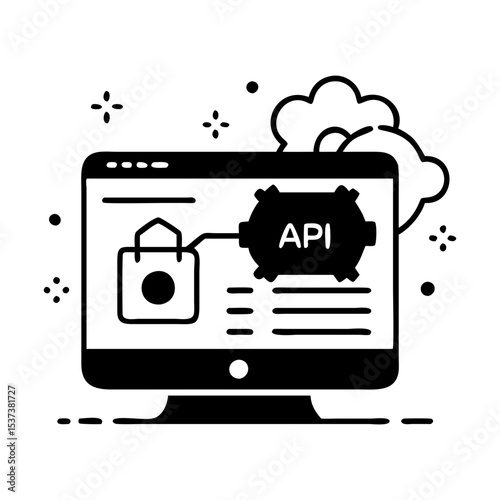 API Integration on a Desktop Computer with Cloud Connectivity concept illustration silhouette vector