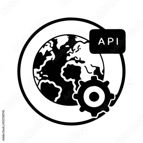 Global API Integration with Automation, representing Application Programming Interface, World, and Settings silhouette vector