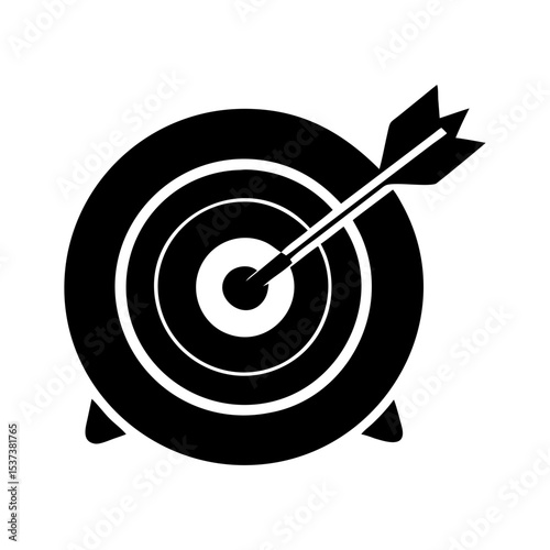 Simple black and white target icon with arrow hitting the bullseye silhouette vector